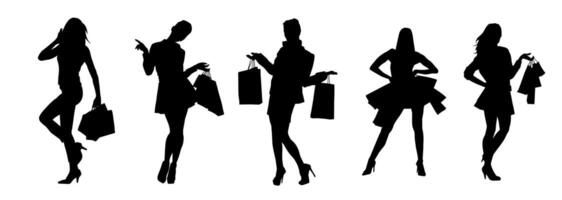 silueta colección de Delgado joven mujer que lleva compras bolsas. vector