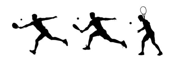 Silhouette group of male tennis players in action pose carrying racket vector