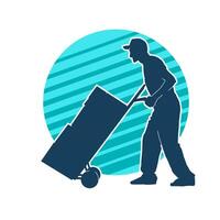 Silhouette of a male worker pushing a lori wheels transporting cardboard boxes vector