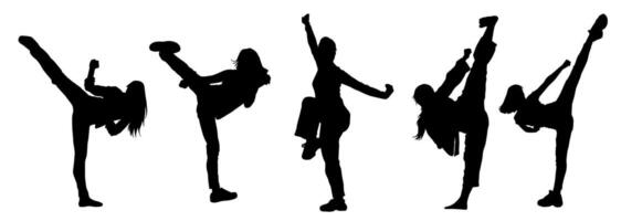 Silhouette collection of martial art women kicking pose. Silhouette of female warriors in action pose. vector