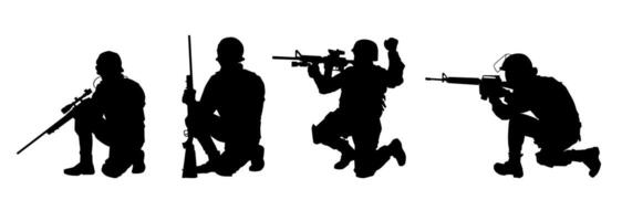 Silhouette collection of male soldier carrying machine gun weapon. vector