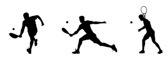 Silhouette group of male tennis players in action pose carrying racket vector