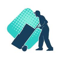 Silhouette of a male worker pushing a lori wheels transporting cardboard boxes vector