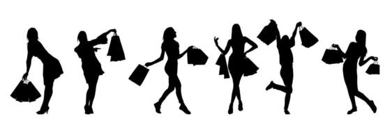 silueta colección de Delgado joven mujer que lleva compras bolsas. vector