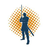 Silhouette of a male warrior wearing war armor suit in action pose using a sword weapon. vector