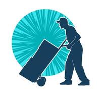 Silhouette of a male worker pushing a lori wheels transporting cardboard boxes vector