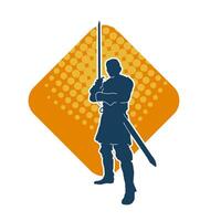Silhouette of a male warrior wearing war armor suit in action pose using a sword weapon. vector