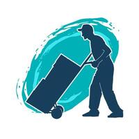 Silhouette of a male worker pushing a lori wheels transporting cardboard boxes vector