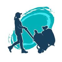 Silhouette of a female worker pushing lori wheels transporting sacks vector