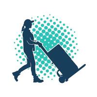 Silhouette of a female worker pushing lori wheels transporting cardboard boxes vector