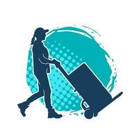 Silhouette of a female worker pushing lori wheels transporting cardboard boxes vector