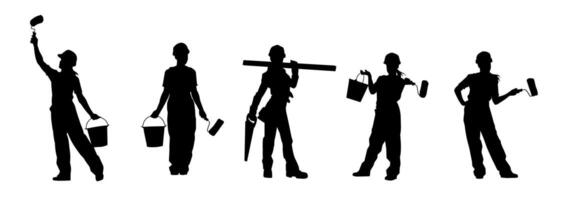 Silhouette collection of various workers with their tools vector