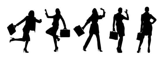 silueta colección de negocio mujer que lleva maletín en expresivo actitud vector