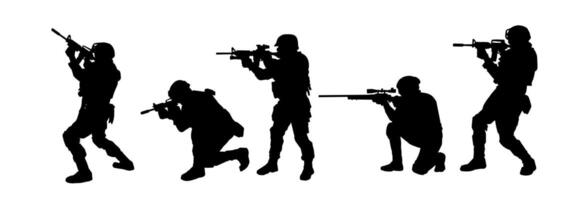 silueta colección de masculino soldado que lleva máquina pistola arma. vector