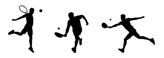 Silhouette group of male tennis players in action pose carrying racket vector