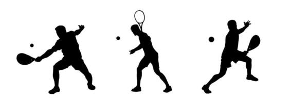 Silhouette group of male tennis players in action pose carrying racket vector