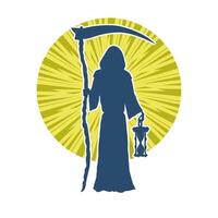 Silhouette of a grimreaper character or angel of death carrying scythe weapon and sand hour glass vector