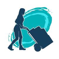 Silhouette of a female worker pushing lori wheels transporting cardboard boxes vector