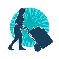 Silhouette of a female worker pushing lori wheels transporting cardboard boxes vector