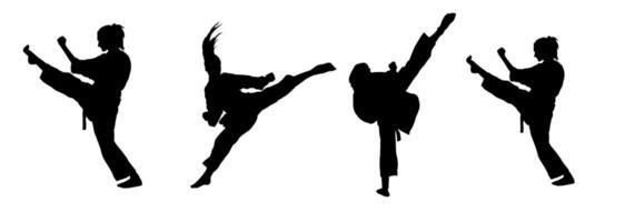 Silhouette collection of martial art women kicking pose. Silhouette of female warriors in action pose. vector