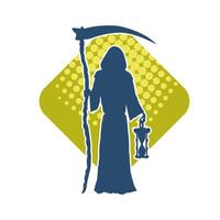 Silhouette of a grimreaper character or angel of death carrying scythe weapon and sand hour glass vector