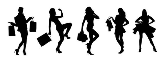 Silhouette collection of slim young woman carrying shopping bags. vector