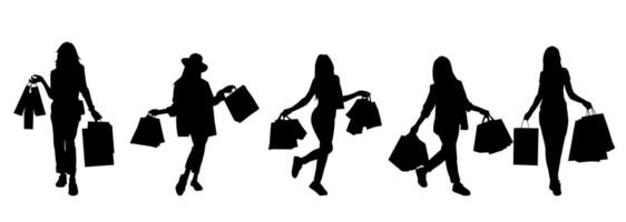 Silhouette collection of slim young woman carrying shopping bags. vector