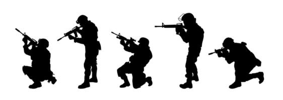 silueta colección de masculino soldado que lleva máquina pistola arma. vector