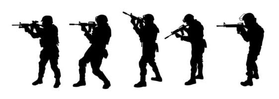 Silhouette collection of male soldier carrying machine gun weapon. vector