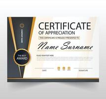 Black and gold certificate of appreciation border template with luxury badge and modern line and shapes. For award, business, and education needs. Diploma template vector