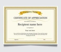 Certificate of Appreciation template, Certificate of achievement, awards diploma, gold certificate of appreciation border template with luxury badge and modern line and shapes. vector