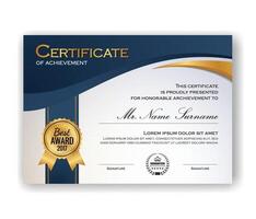 certificado de apreciación plantilla, certificado de logro, premios diploma, oro certificado de apreciación frontera modelo con lujo Insignia y moderno línea y formas vector