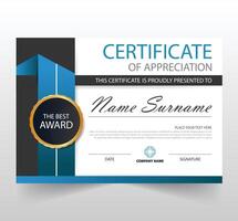 Certificate of Appreciation template, Certificate of achievement, awards diploma, gold certificate of appreciation border template with luxury badge and modern line and shapes. vector