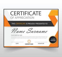 Certificate of Appreciation template, Certificate of achievement, awards diploma, gold certificate of appreciation border template with luxury badge and modern line and shapes. vector