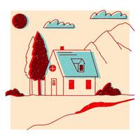 paisaje. rancho, casa en el montaña, granja, prado, casa, árbol, camino, montaña. mano dibujado ilustración. vistoso linda pantalla impresión efecto. riso impresión efecto. icono, logo, imprimir, póster vector