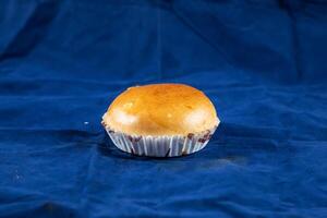 Meat Bun isolated on blue background side view of savory snack food photo