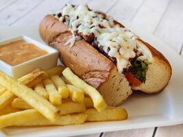 FRENCH SPICY SANDWICH with French Fries and mayo dip sauce served in dish isolated on table closeup side view of fastfood photo