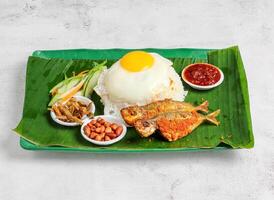 nasi lemak set with sunny egg, rice, fried fish, pickle, salad, peanut and chilli sauce served in dish isolated on banana leaf top view of singapore food photo