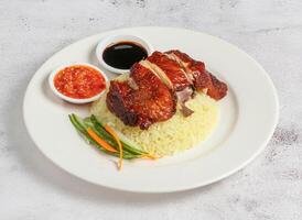 roasted chicken rice with chilli and soy sauce served in dish isolated on banana leaf top view of singapore food photo