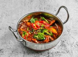 chettinad chicken karahi masala korma with gravy served in dish isolated on background top view of desi indian food photo