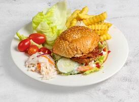 Classic beef burger sandwich with salad and french fries served in dish isolated top view of singapore food photo