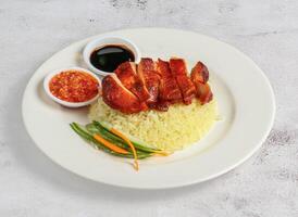 char siew chicken rice with chilli and soy sauce served in dish isolated top view of singapore food photo