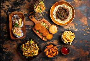 Junk fast food platter with beef liver, chicken shami kabab, veggies fries, loaded french fries, fried prawn, shawarma wrap, mayo dip and ketchup served on table top view fried food photo