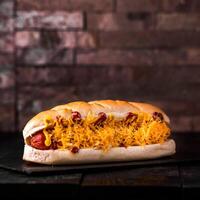 Hotdog sandwich or burger served in dish isolated on wooden table side view of arabic food photo