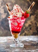 Strawberry Shortcake Sundae shipped cream shake with straw served in glass isolated on dark background side view of healthy drink photo