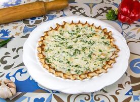 Syrian Cheese pizza served in dish isolated on table top view of arabic food photo