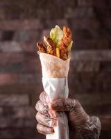 Chicken Wrap in hand isolated side view of arabic food photo