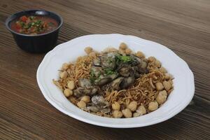 Chicken liver noodles with chickpea, tomato and chilli sauce served in dish isolated on table side view of arabic food photo
