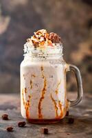 Ferrero Rocher Milkshake with chocolate and whipped cream served in jar isolated on dark background side view of healthy drink photo