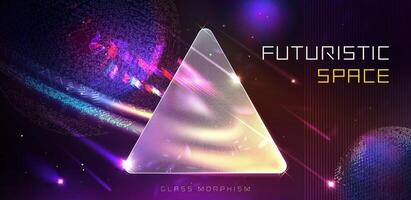 Triangular template in glassmorphism style and futuristic space with planets, stars and comets. illustration of futuristic space abstract background. Futuristic hi-tech HUD element. . vector